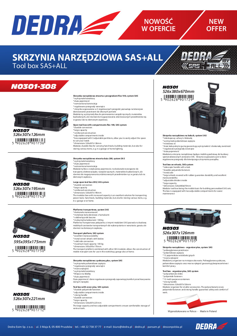 Dedra N0301 Nářaďová skříňka na kolečkách, systém SAS s teleskopickým madlem