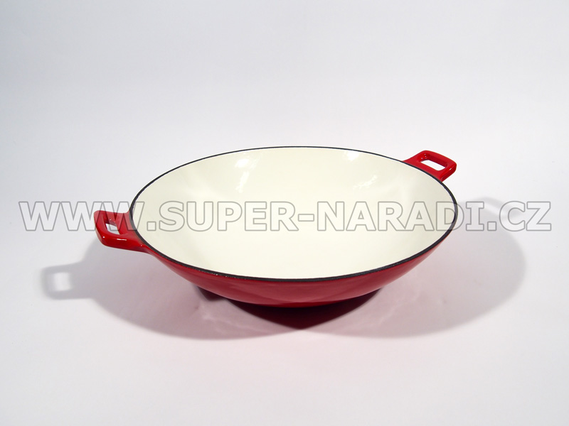Litinový WOK, pánev 37 cm, 4,5l smaltovaný, oranžový-bílý PWI