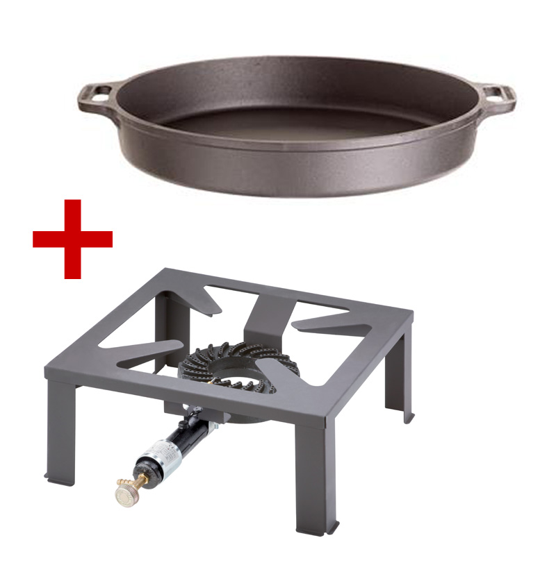 Set plynový LPG vařič 7,5 kW, 50 cm litinová pánev Gastro Meva 2102, PWI 4502