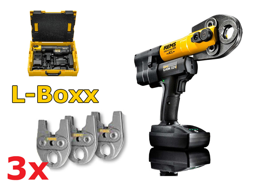 Lisovací kleště REMS Mini-Press 22V + 3 čelisti L-Boxx 578X09 Aku Li-Ion, nabíječka 578014