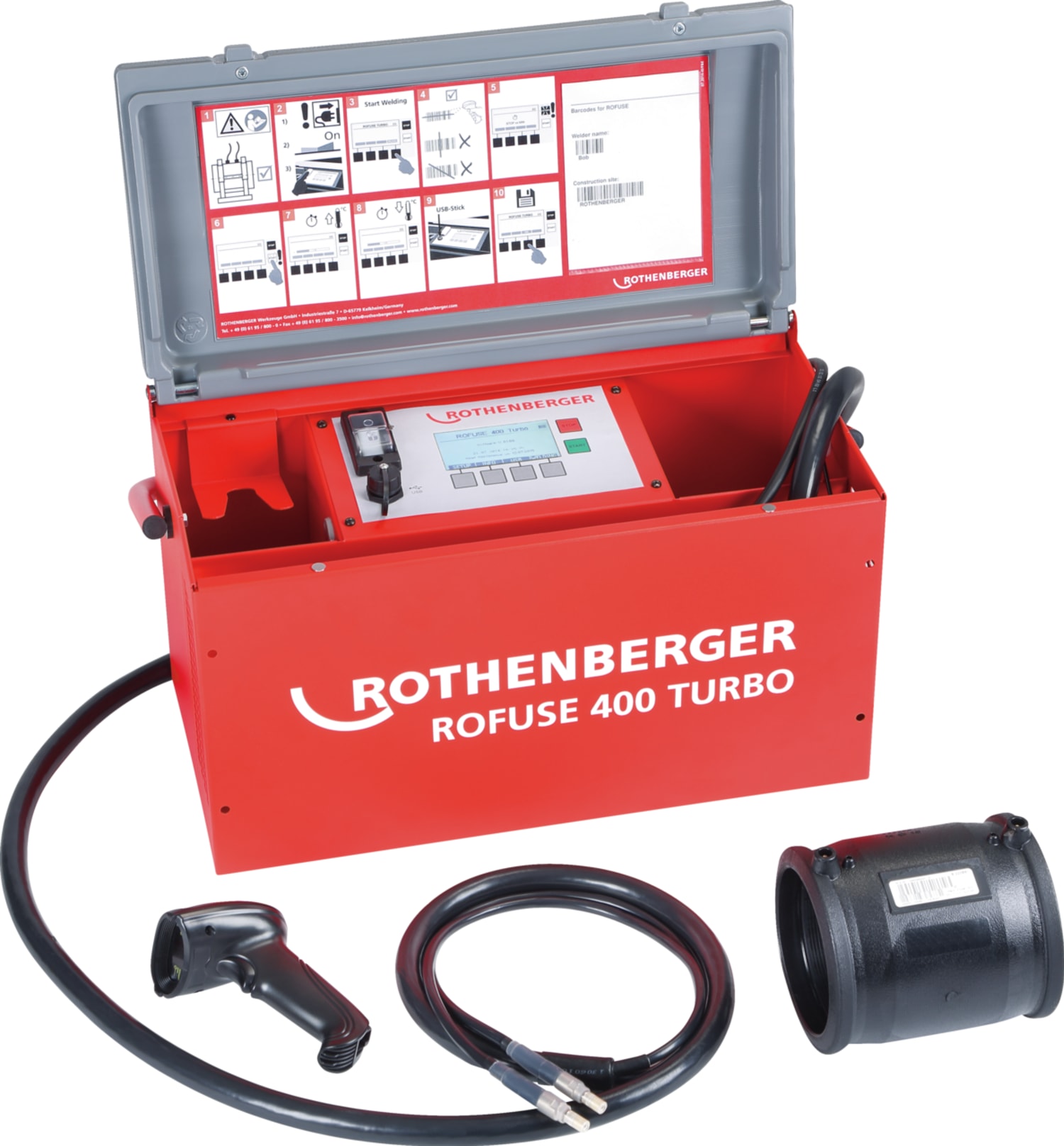 ROFUSE 400 Turbo svářečka elektrotvarovek do 400 mm 1000000999 Rothenberger + čtečka čárových kódů, na tlakovou vodu, plyn PE-PP