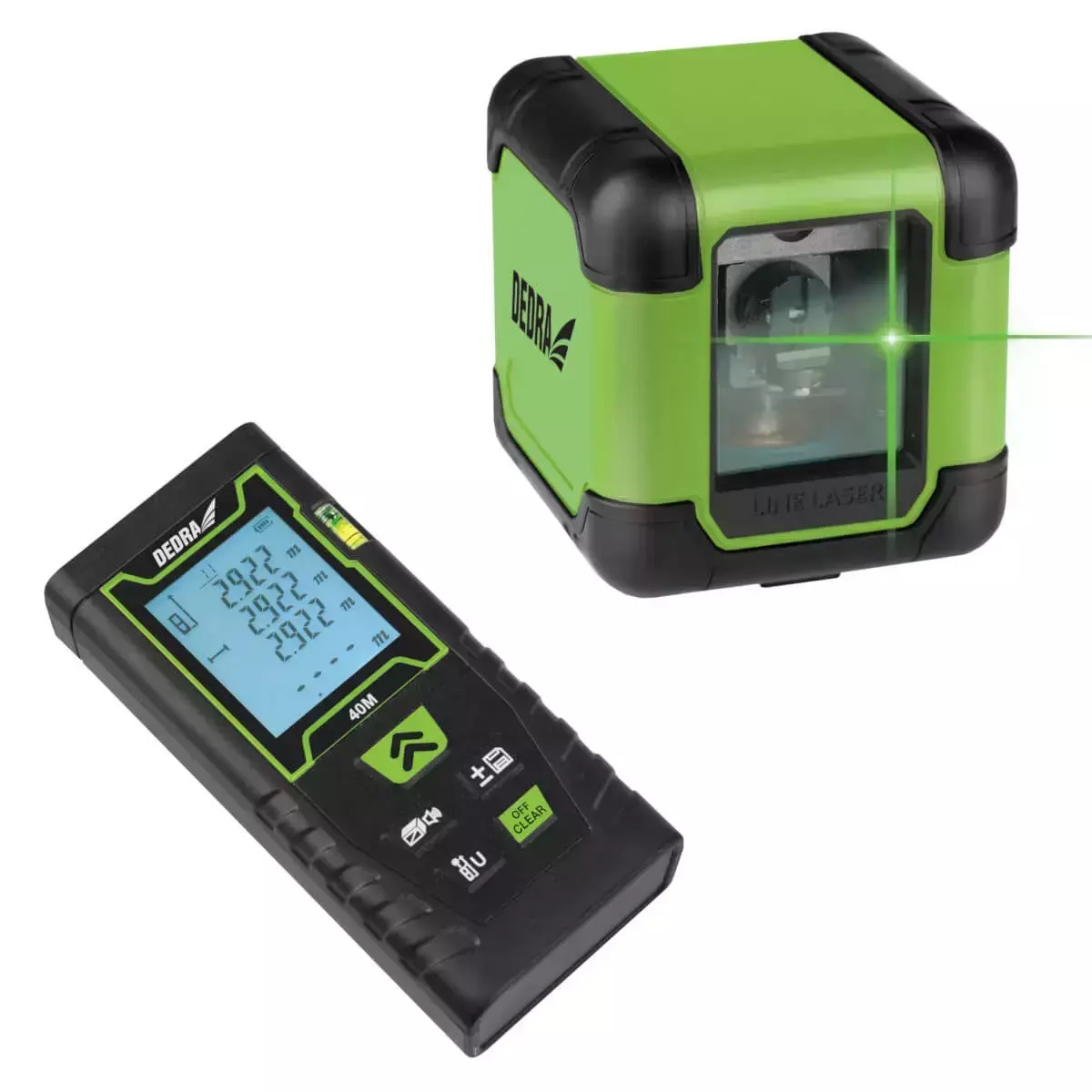 Dedra Set Zelený křížový laser + 40m laserový dálkoměr MC0920