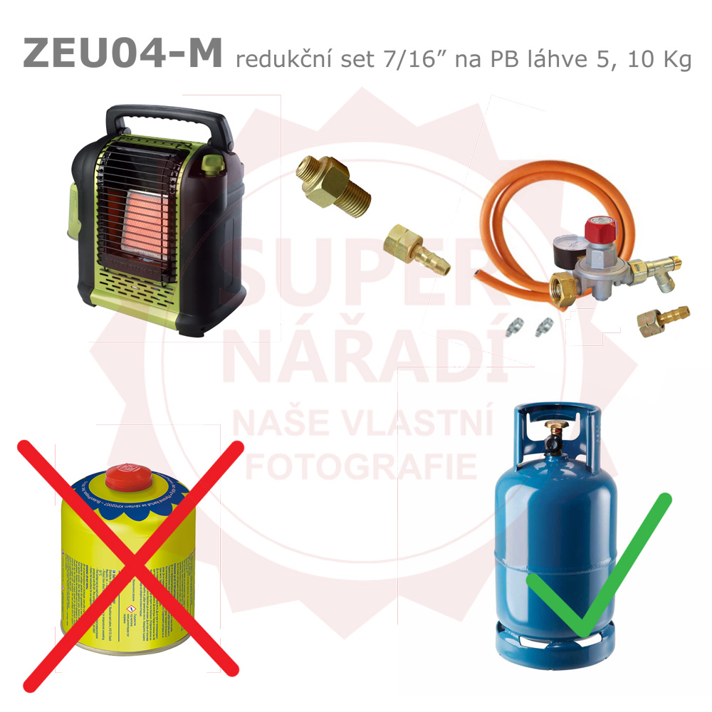Redukční set 7/16" ZEU04-M na PB láhve 5, 10 kg pro připojení kartušových vařičů, topidel SN, s manometrem
