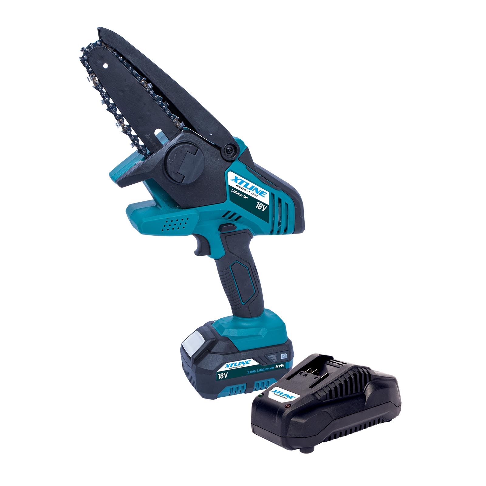 XTLINE Aku řetězová mini pila 18 V XT102872-1B2 + baterie 2.0 Ah + nabíječka 2.4 A