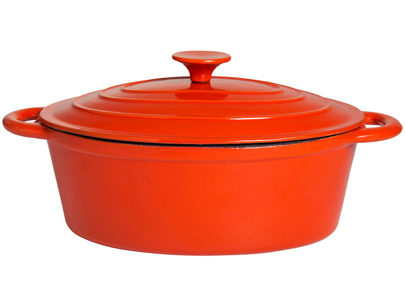 Litinový hrnec 29x21cm, 4,7 l oválný s pokličkou, smaltovaný, oranžový PWI 9712