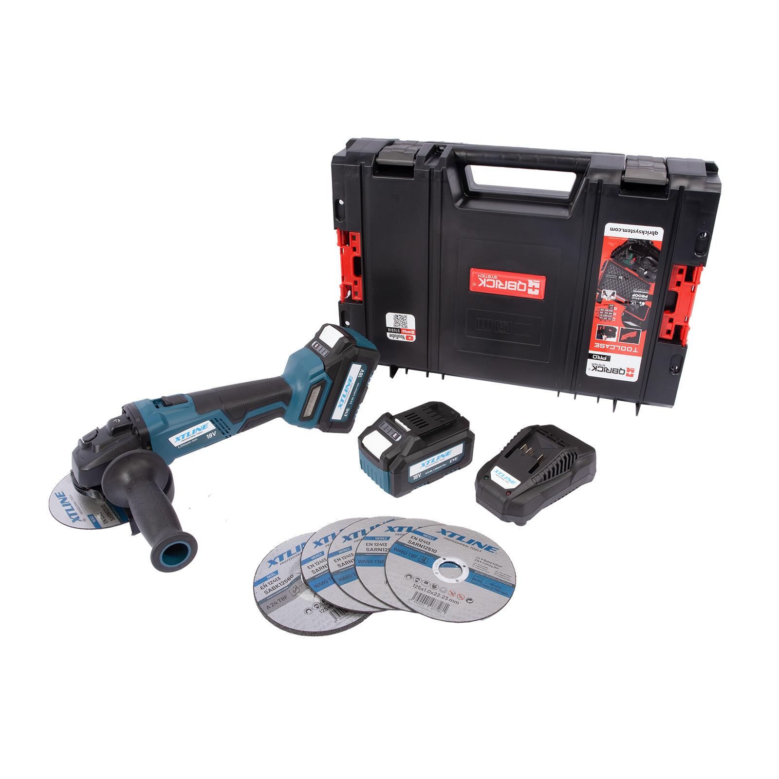 Set - Aku úhlová bruska bezuhlíková 18 V, 125 mm, 2x baterie 5.0 Ah, nabíječka 3.5 A, box XTLINE XT102835-2B5B