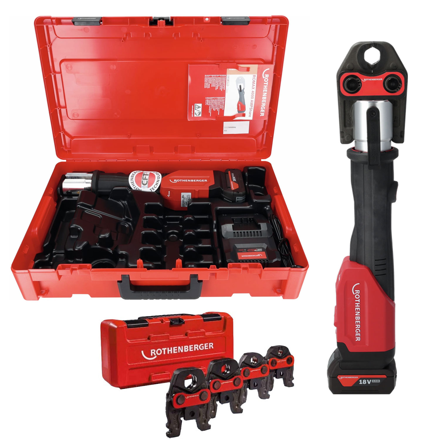 Romax 4000 AMP Rothenberger Aku lisovací kleště + 4 čelisti Standard v kufru Rocase SB1000004165, 1x 4 Ah, nabíječka, 34 kn