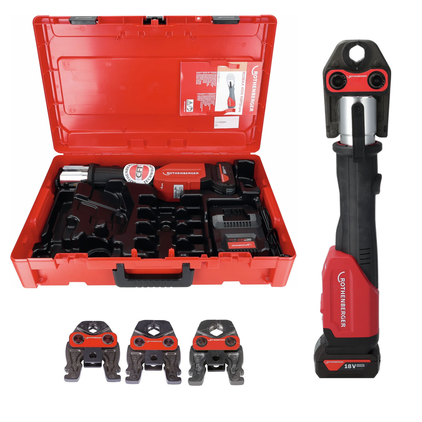 Romax 4000 AMP Rothenberger Aku lisovací kleště + 3 čelisti Standard (SV, M, TH, U) SA1000004165, 4 Ah, nabíječka, 34 kn
