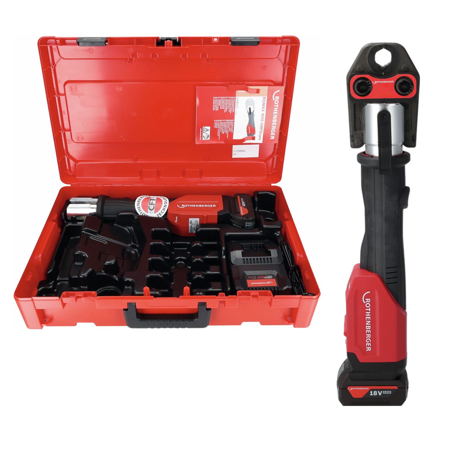 Romax 4000 AMP Basic Set Rothenberger Aku lisovací kleště 1000004165, 1x 4 Ah aku, nabíječka, 34 kn kufr Rocase