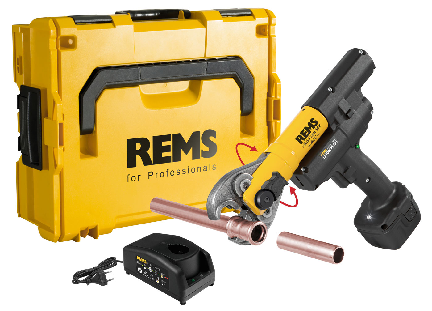 REMS Mini-Press 14,4V, 22 kN ACC 578013, lisovací stroj na trubky + kufr L-Boxx, Aku 2,5 Ah, nabíječka Basic-Pack