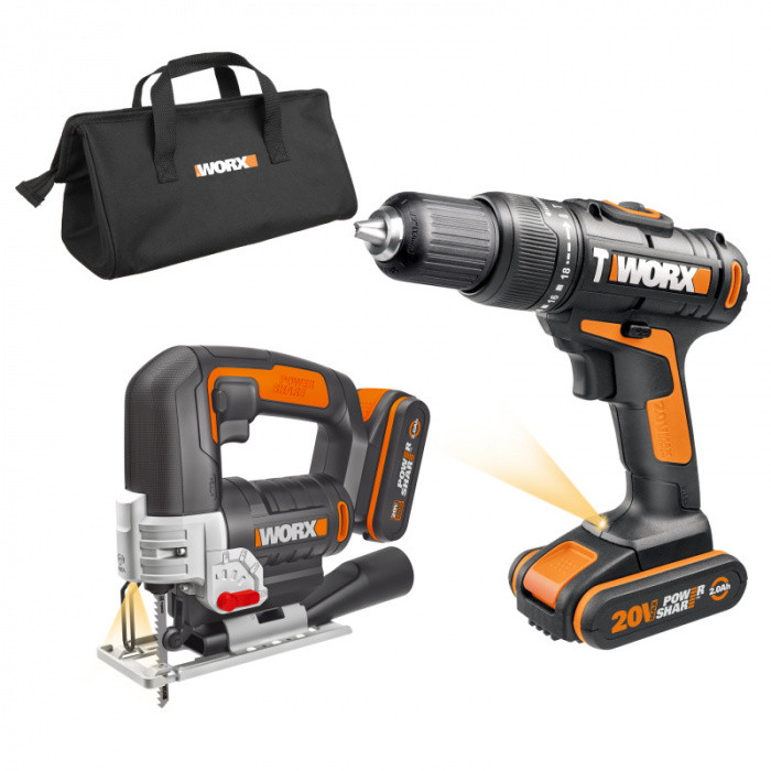 WORX WX967 Aku vrtačka s příklepem, přímočará pila 20V 2x2Ah Set, 45900967 Powershare