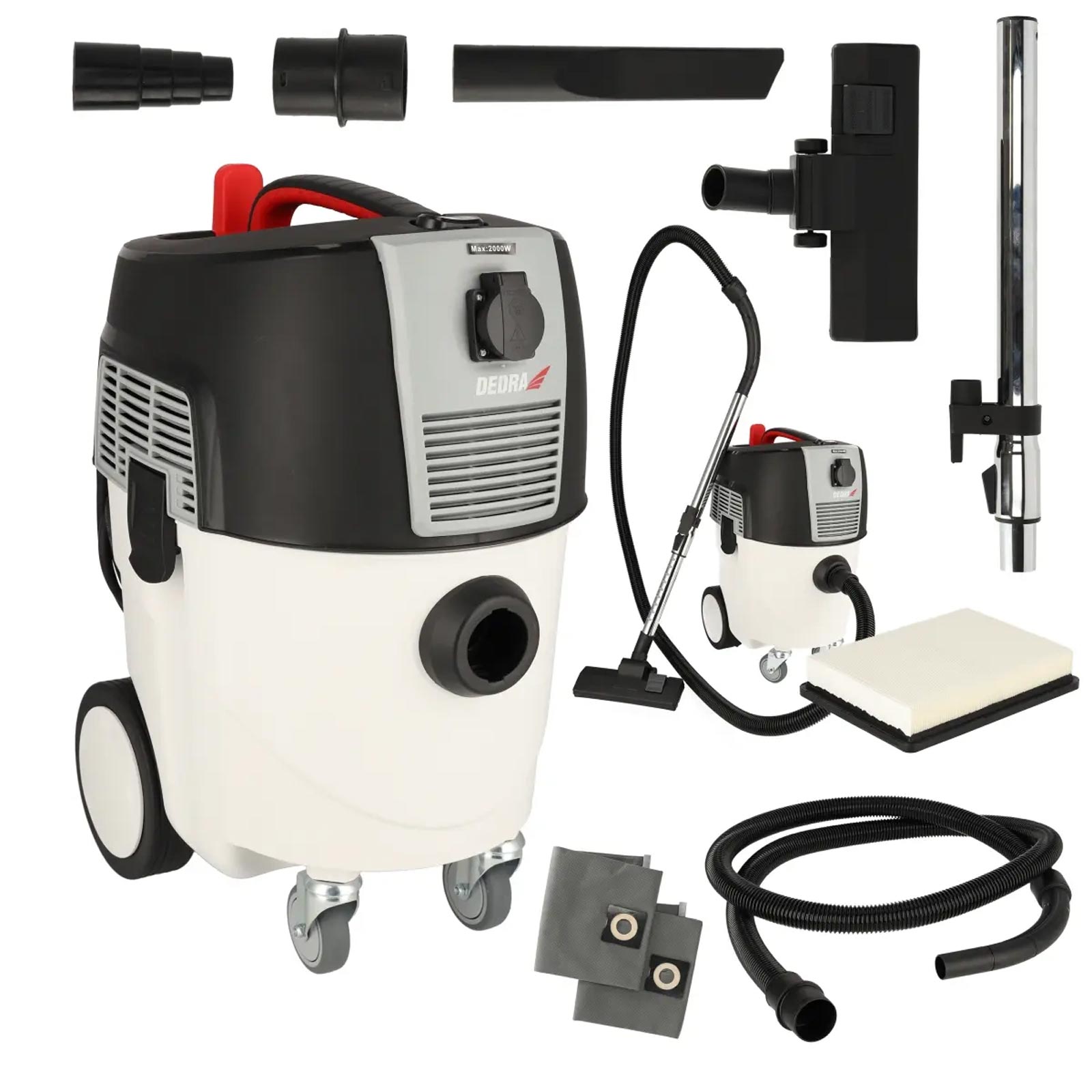 Dedra Dílenský vysavač 1600W, 30l DED6607, zásuvka 230V, oklep, na omítku