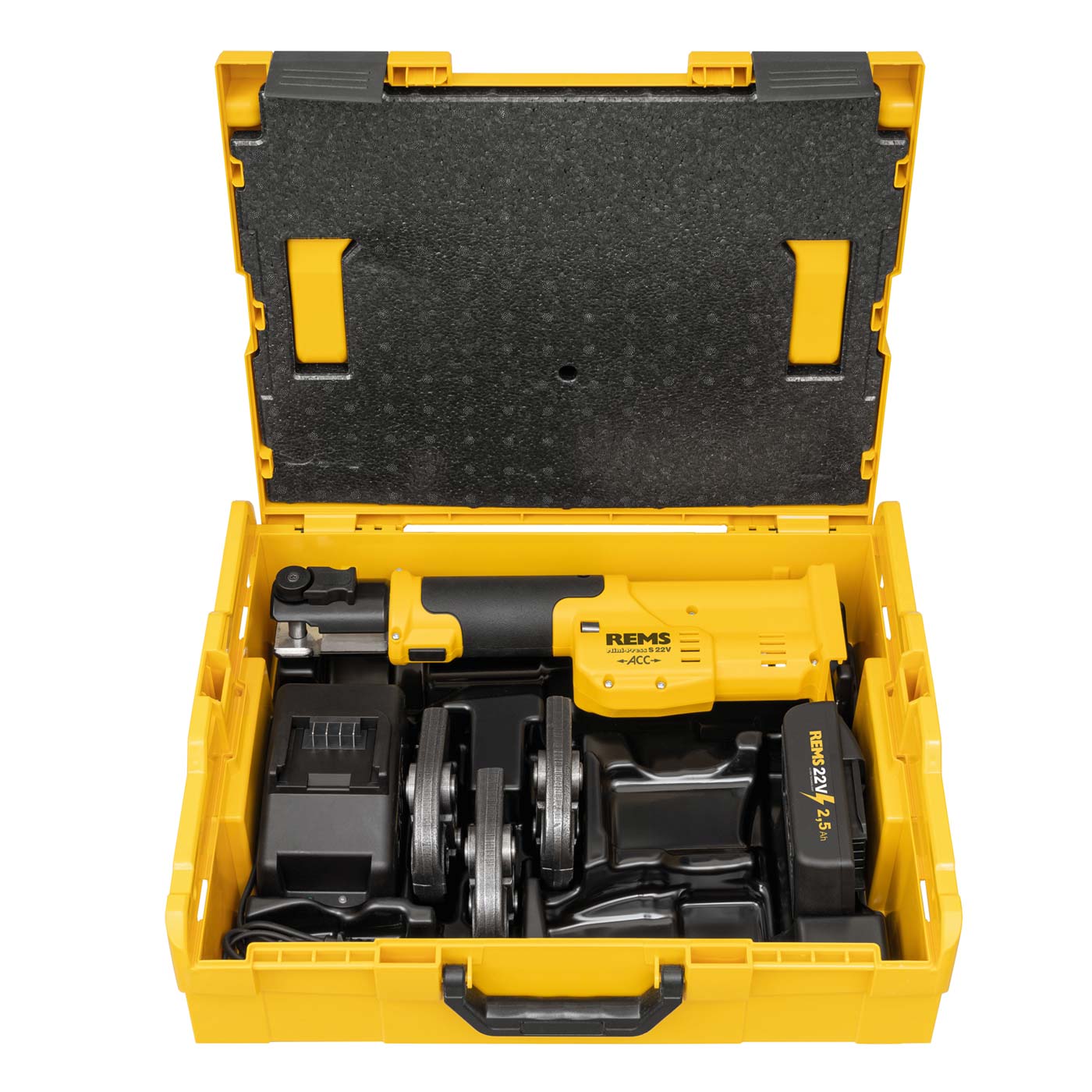 REMS Mini-Press S 22V ACC Set aku lis 22kN s čelistmi TH 16-20-26, kufr L-Boxx 578041, na podlahovku