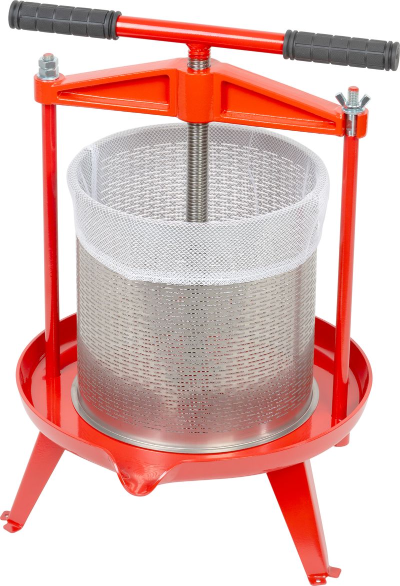 Strend Pro Mechanický kovový lis na ovoce a zeleninu s filtračním sáčkem (14 l), 234401 červený, nerezový válec