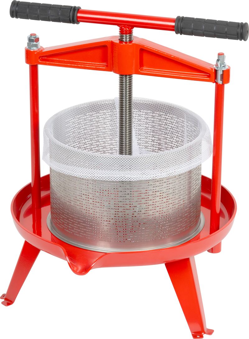 Strend Pro Mechanický kovový lis na ovoce a zeleninu s filtračním sáčkem (9 l), 234400 červený, nerezový válec