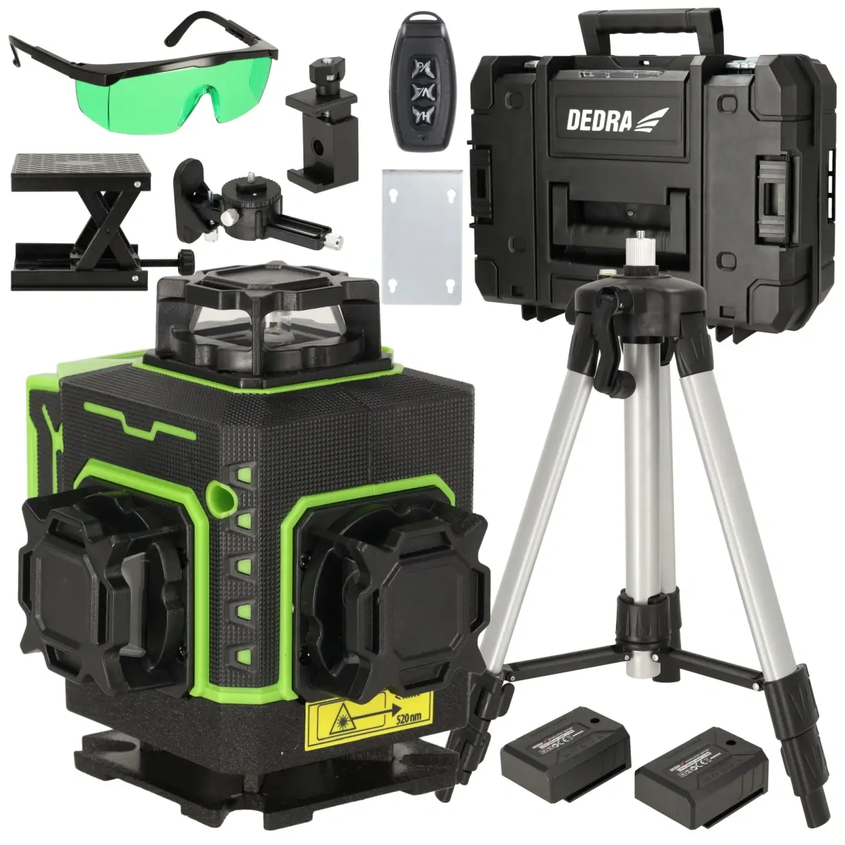 Zelený 4D křížový laser Dedra MC0909 se stativem a příslušenstvím