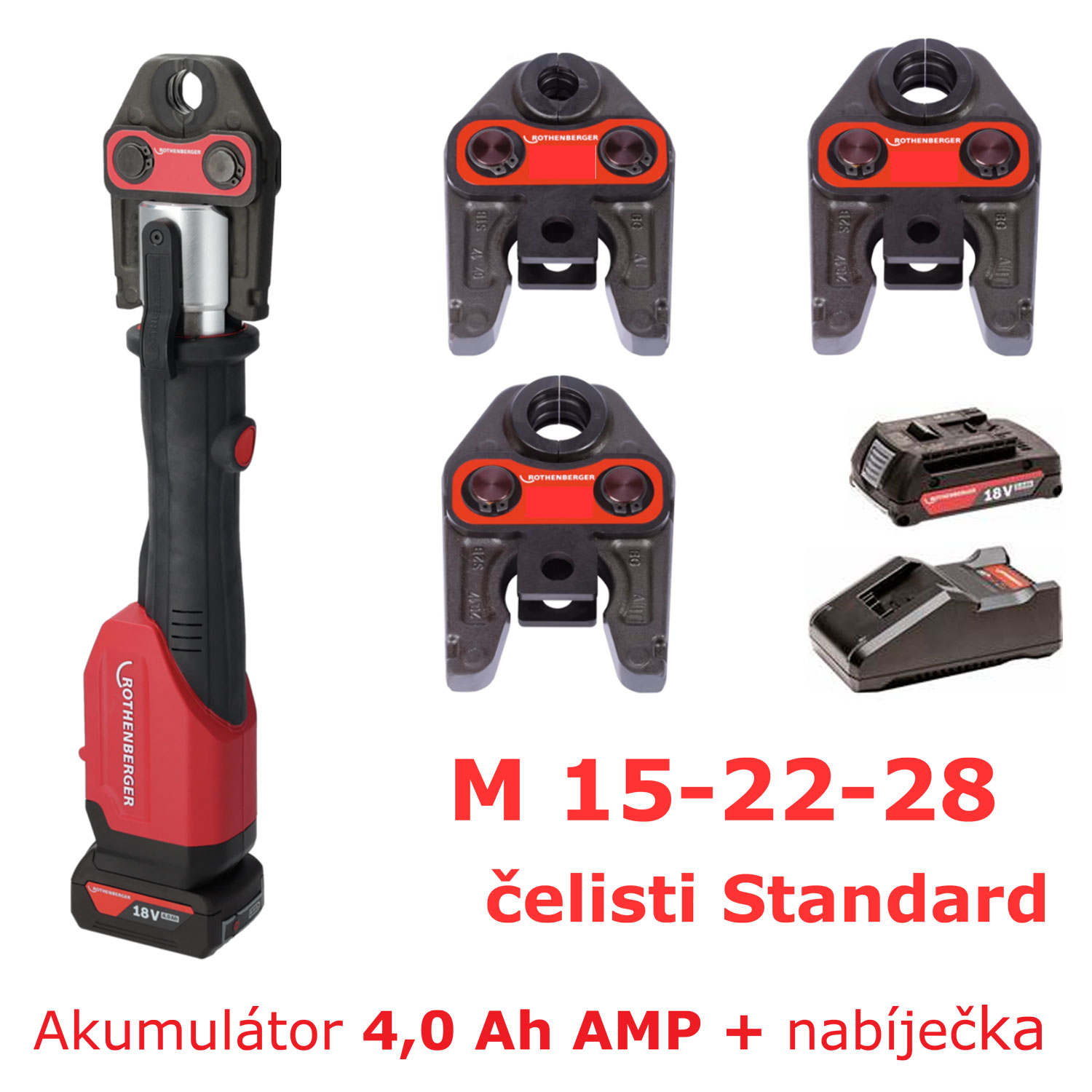 Romax 4000 AMP Rothenberger Aku lisovací kleště 1000004174 + M 15-22-28, 1x 4 Ah, nabíječka, Rocase, 34 kn