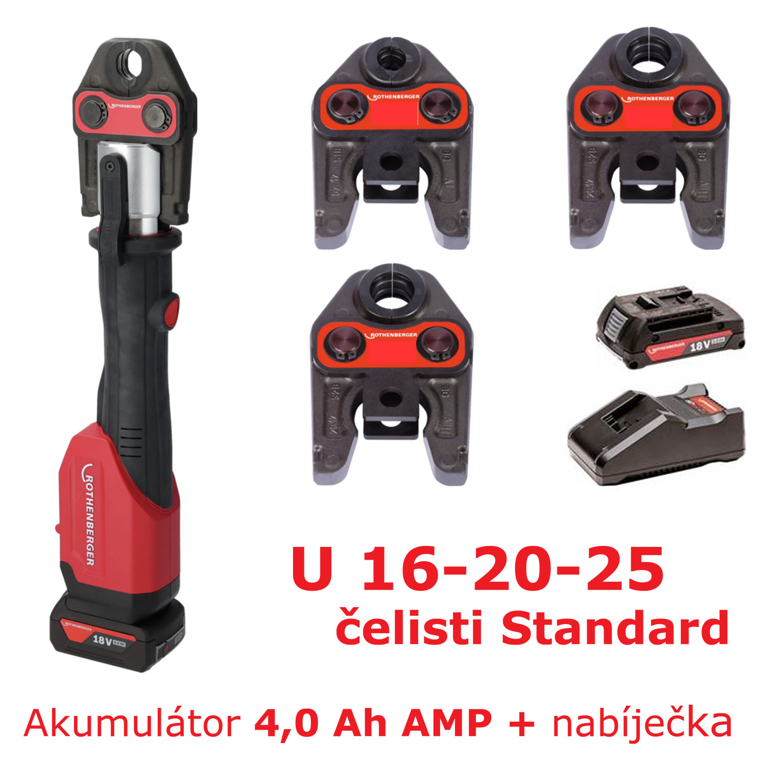 Romax 4000 AMP Rothenberger Aku lisovací kleště 1000004170 + U 16-20-25, 1x 4 Ah, nabíječka, Rocase, 34 kn