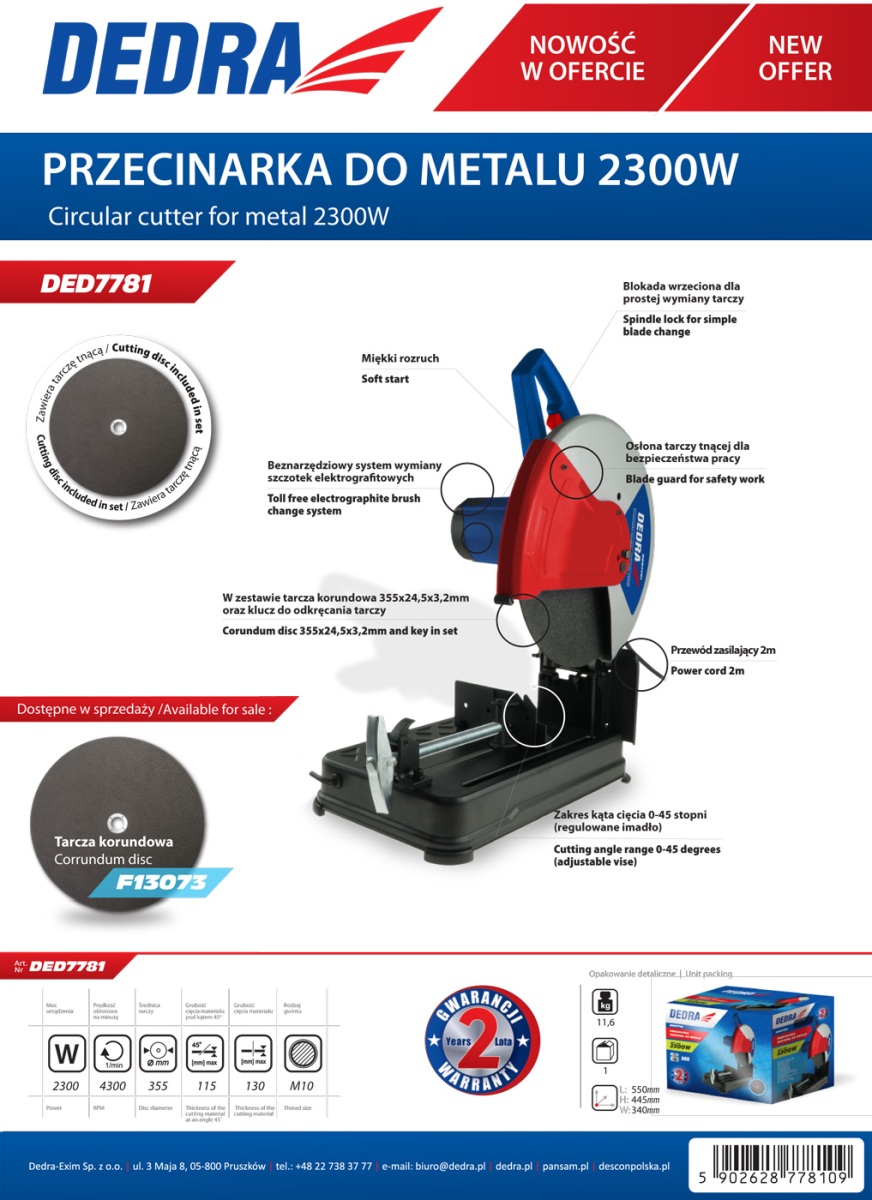 Dedra Kotoučová pila na kov 2300W, 355mm DED7781, separex 230V