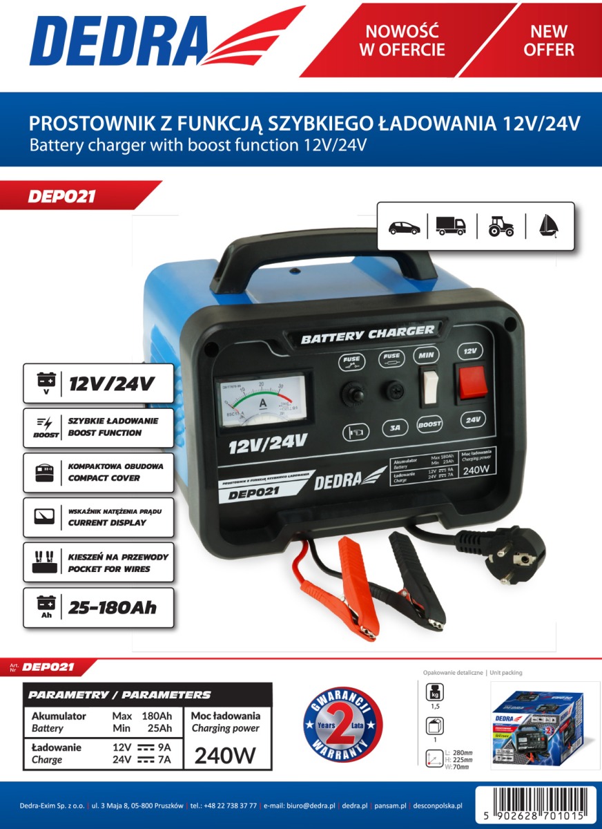 Dedra Nabíječka auto baterií 12V/24V, 25-180Ah + BOOST DEP021