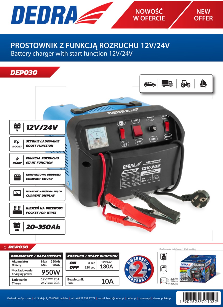 Dedra Nabíječka auto baterií 12V/24V, 20-350Ah + Start, Boost DEP030