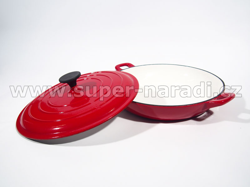 Smaltovaný litinový hrnec 32 cm, plochý, s pokličkou, červeno-bílý PWI 4522