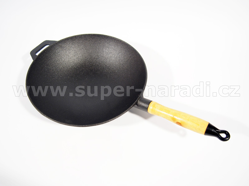 Litinová WOK pánev 30 cm, s dřevěnou rukojetí PWI 4531