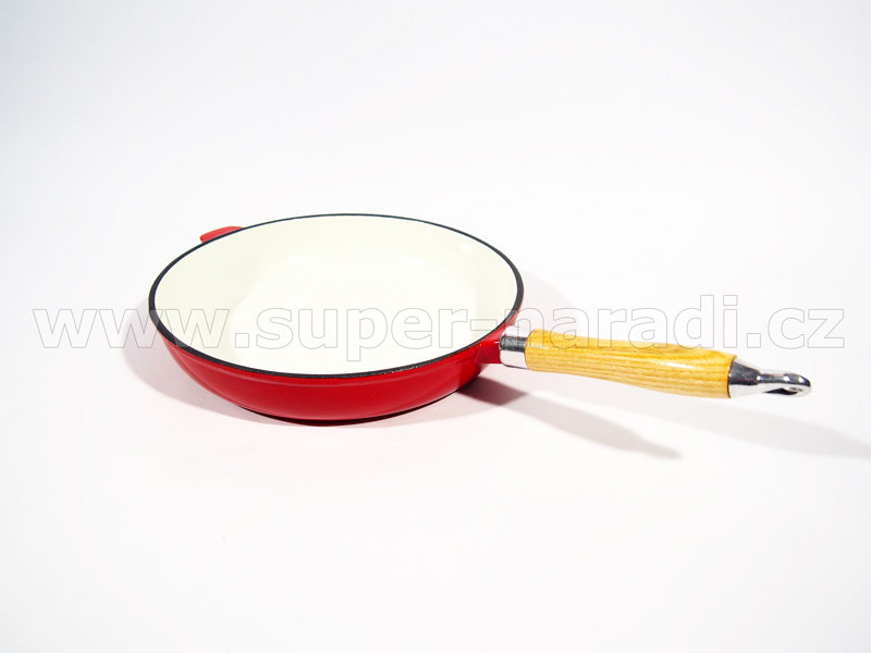 Litinová pánev 27 cm, smaltovaná, s dřevěnou rukojetí, červeno-bílá PWI 9736