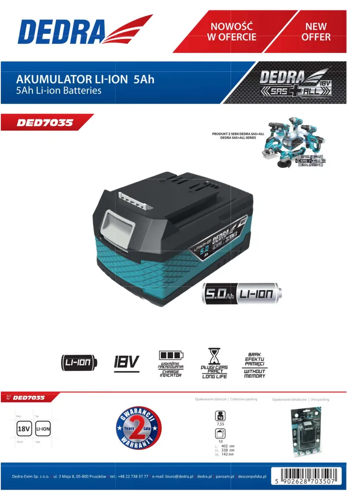 Dedra DED7035 Akumulátor 5,0 Ah 18V Li-Ion SAS+ALL baterie
