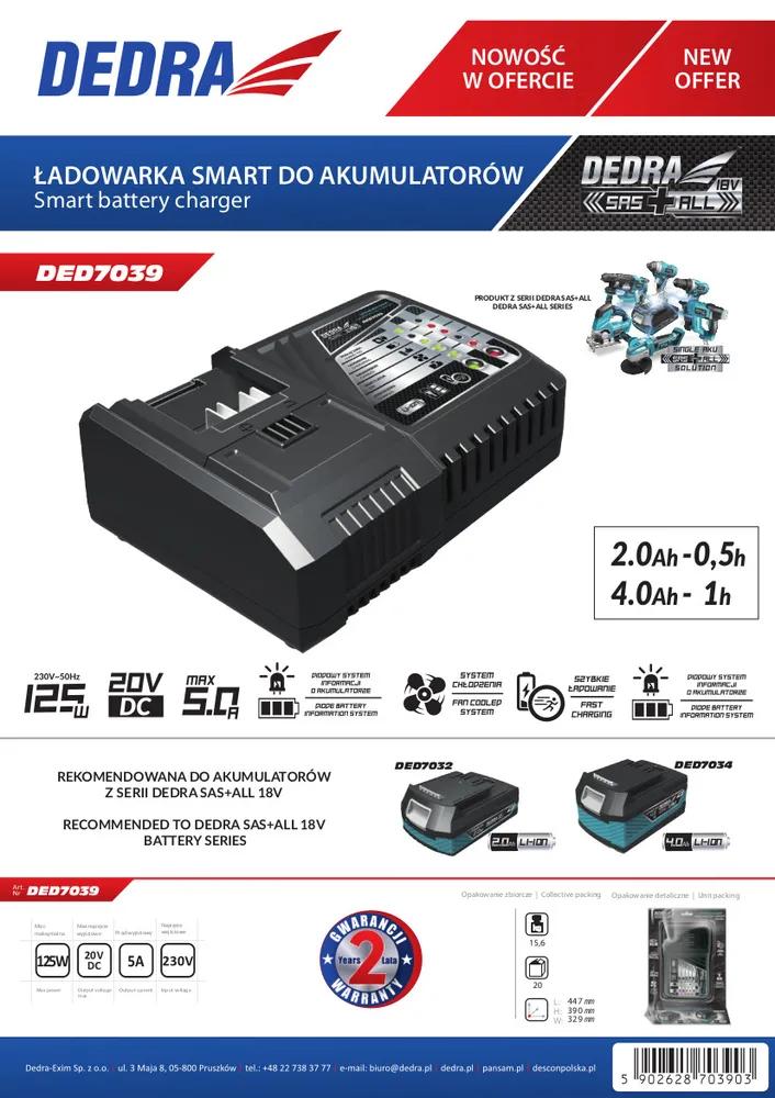 Dedra DED7039 Rychlá nabíječka 18V 5.0A, 125W akumulátoru Smart SAS + ALL