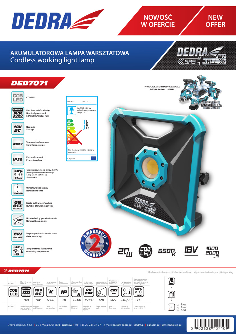 Dedra DED7071 Aku dílenská LED lampa 20W 2000 lm 18V SAS+ALL