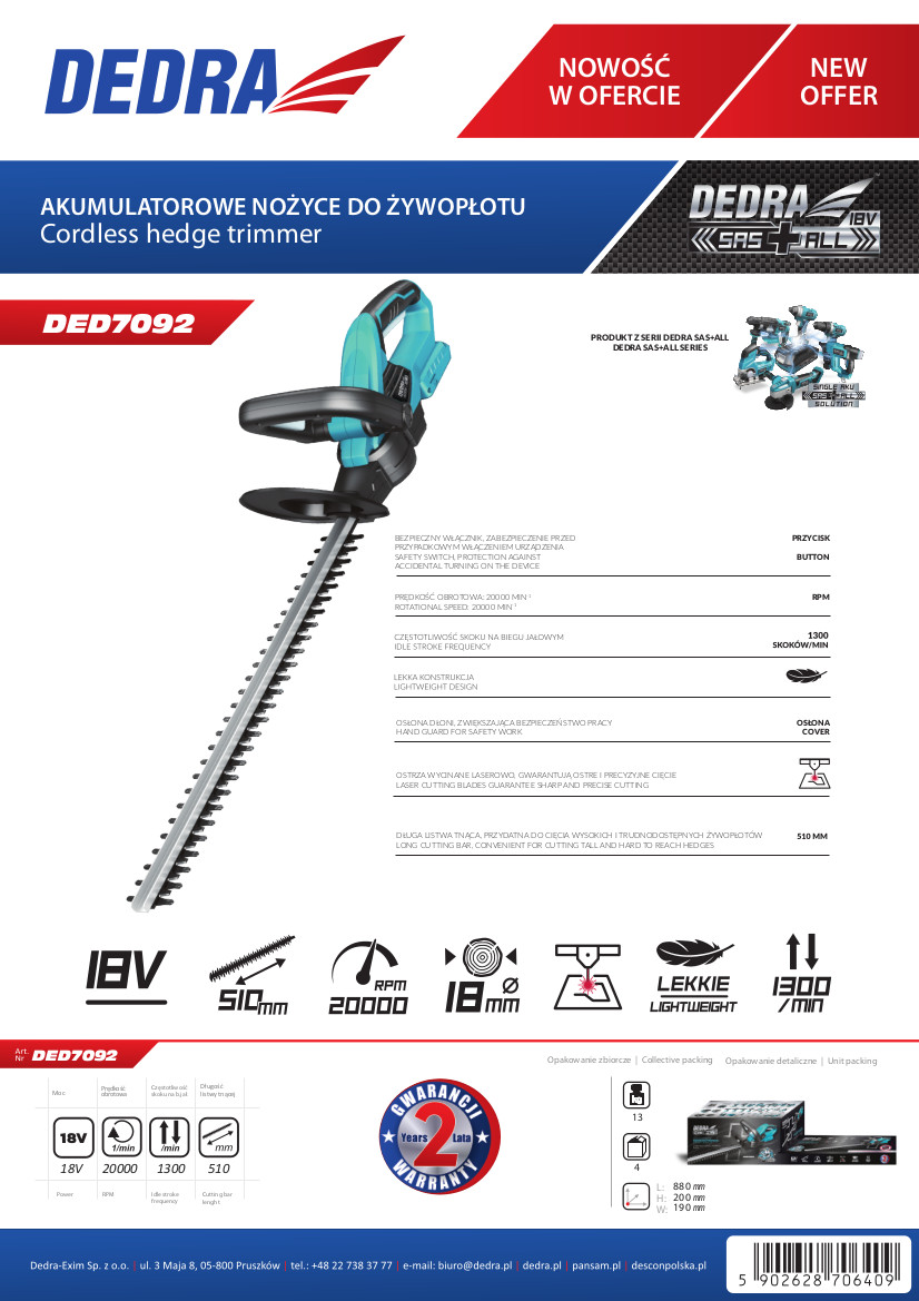 Dedra DED7092 Aku nůžky na živý plot 510 mm 18V, SAS+ALL