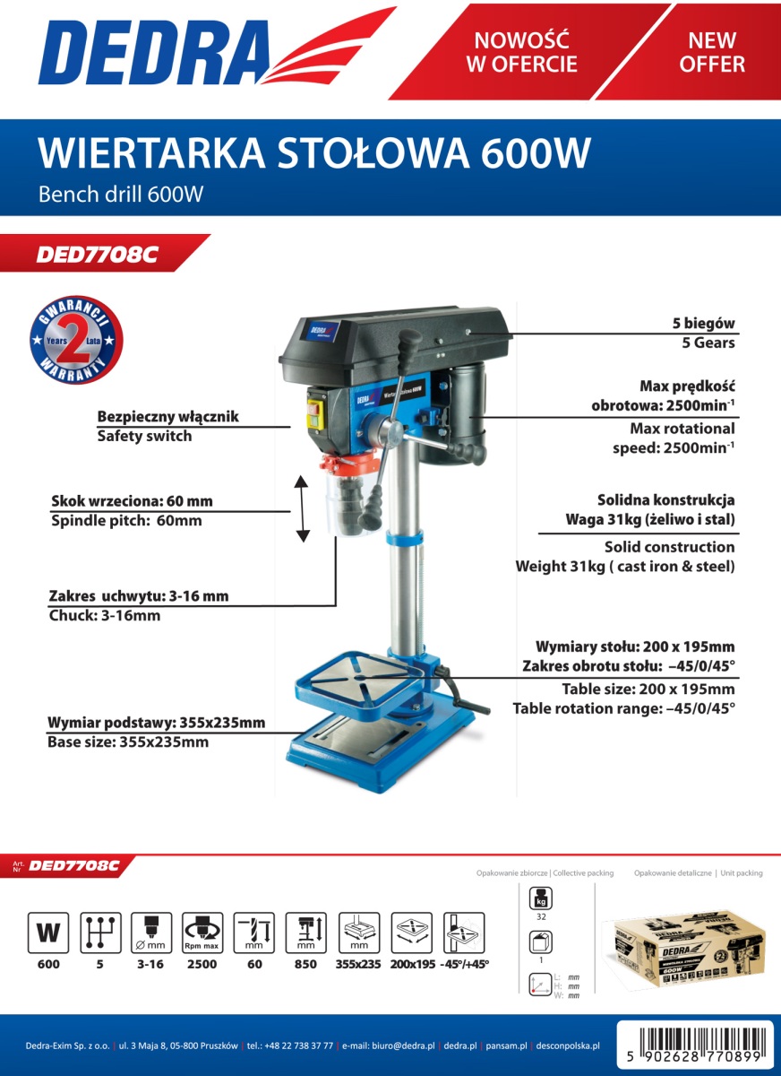 Dedra Vrtačka stojanová 600W, vrtáky 3-16 mm DED7708C 230V