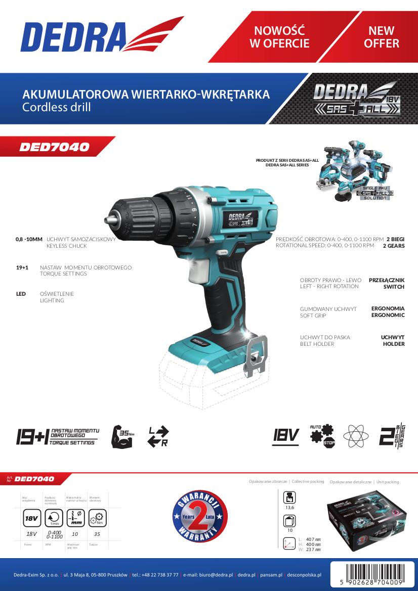 Dedra Aku vrtací šroubovák 18 V SAS+ALL DED7040 hobby
