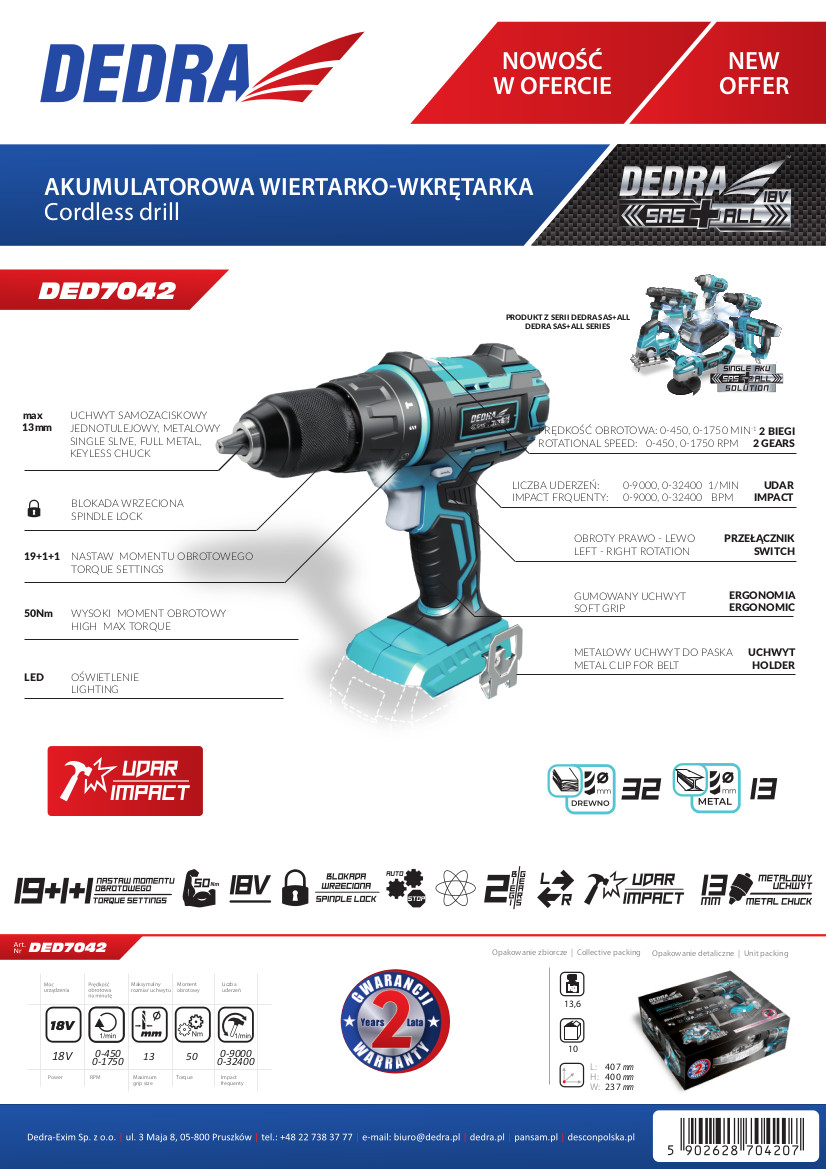Dedra Aku vrtačka-šroubovák příklep DED7042 18V SAS+ALL, 50 Nm sklíčidlo 13 mm