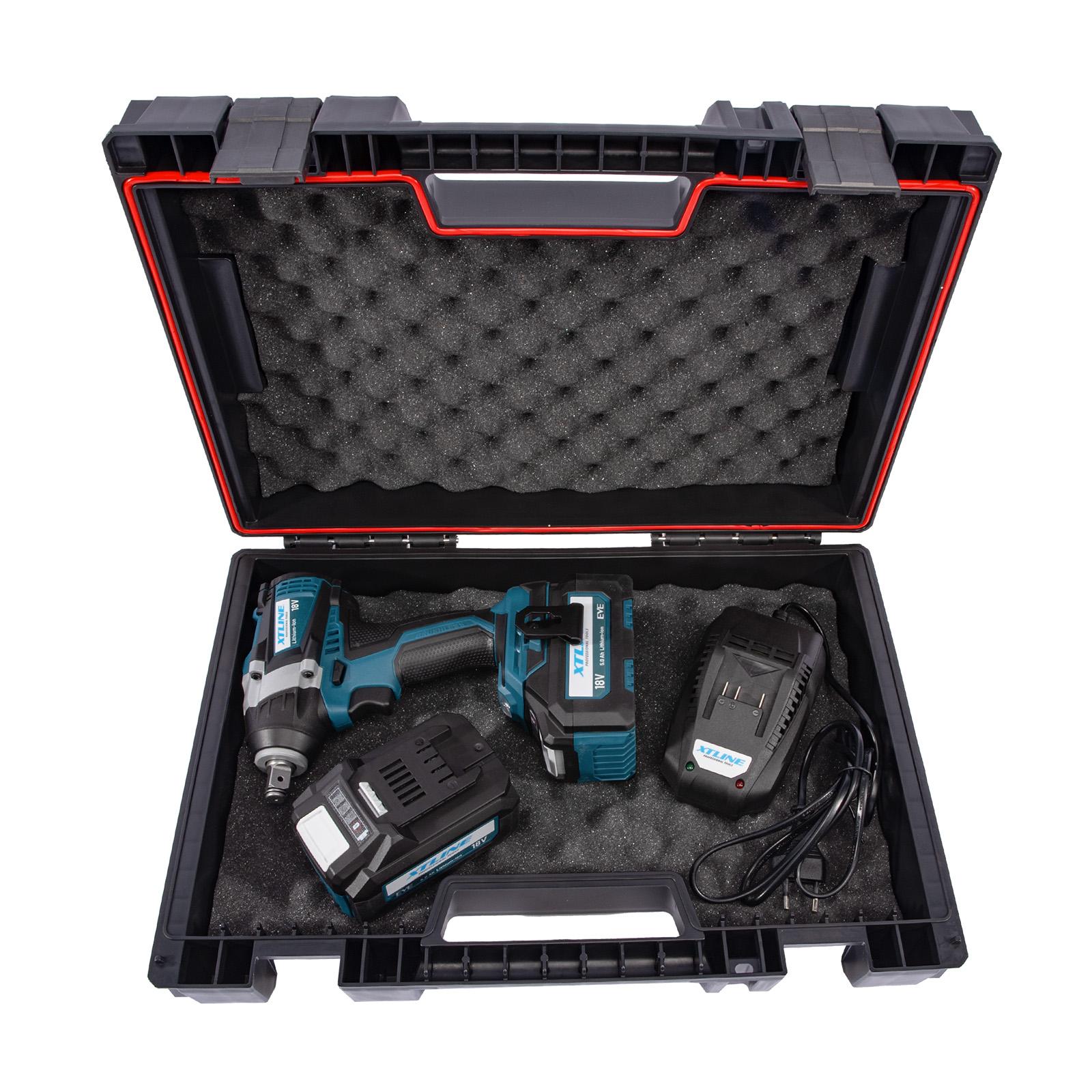 Set - Aku rázový utahovák 1/2" bezuhlíkový 18 V, 2x baterie 5.0 Ah, nabíječka 3.5 A, box XTLINE XT102830-2B5B