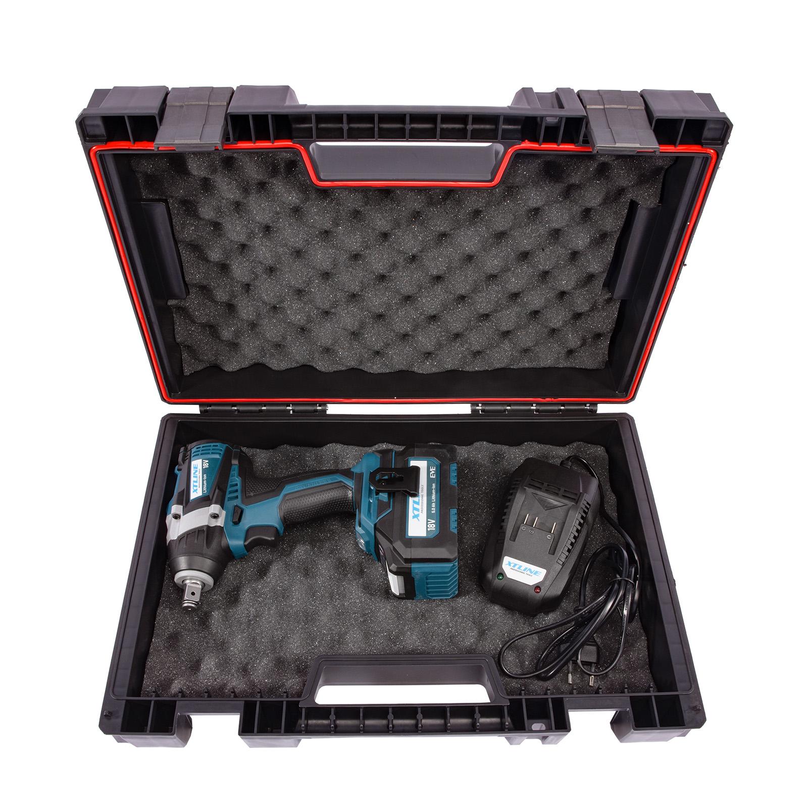 Set - Aku rázový utahovák 1/2" bezuhlíkový 18 V, baterie 5.0 Ah, nabíječka 3.5 A, box XTLINE XT102830-1B5B