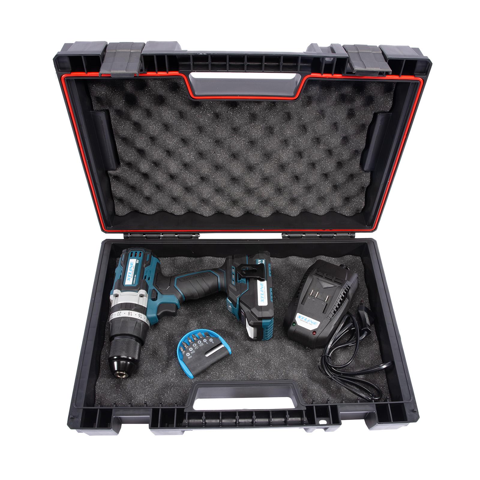 Set - Aku vrtačka s příklepem bezuhlíková 70 Nm, 18 V, baterie 2.0 Ah, nabíječka 2.4 A, box XTLINE XT102805-1B2B