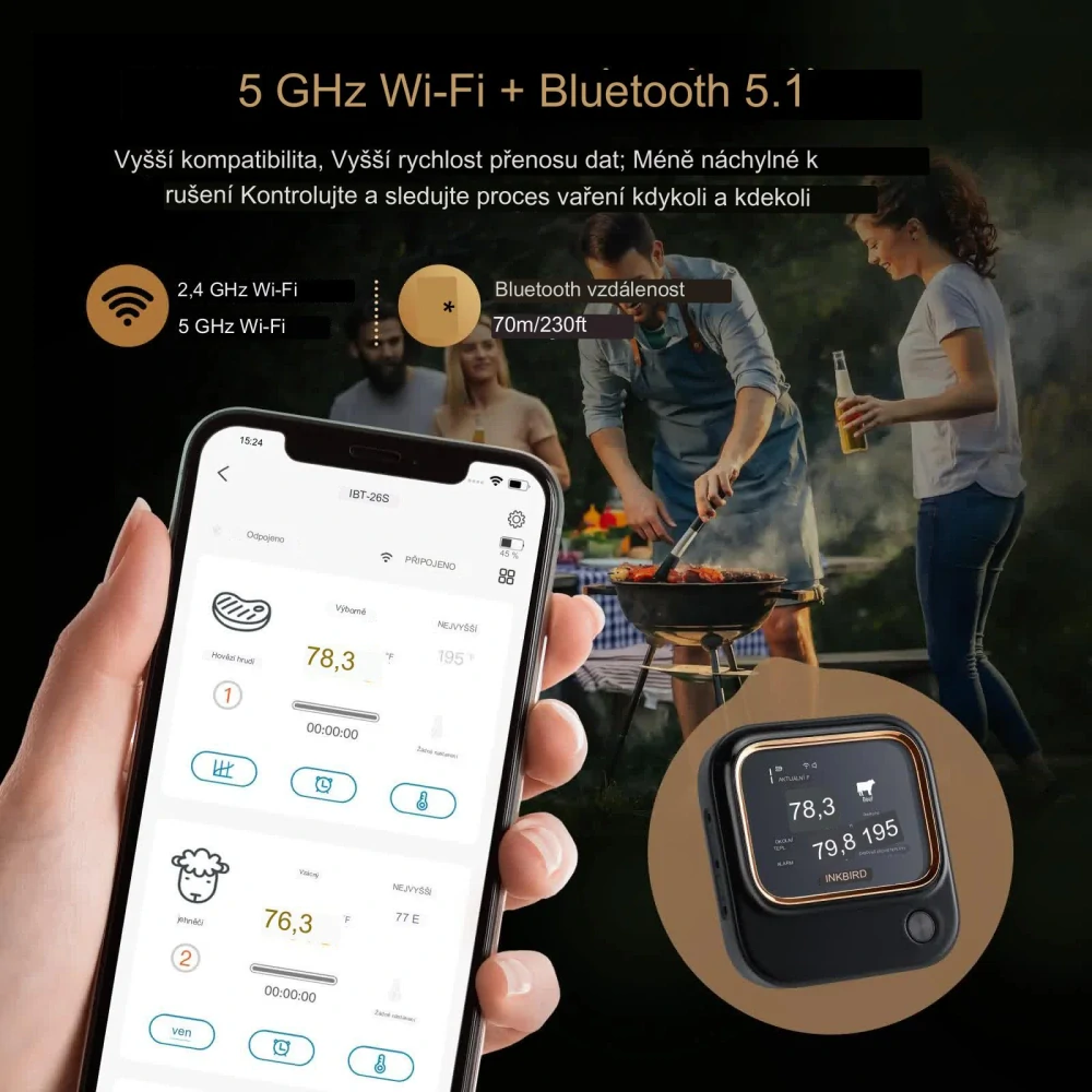 BBQ Grilovací teploměr Inkbird IBT-26S-4PR, 4 drátové sondy, WiFi 5GHz + Bluetooth do 50 m