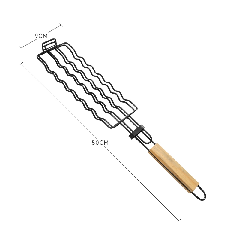 UG Grill Grilovací rošt malý DP-2380 uzavírací na klobásy, ryby, steaky - nepřilnavý černý povrch, dřevěné madlo