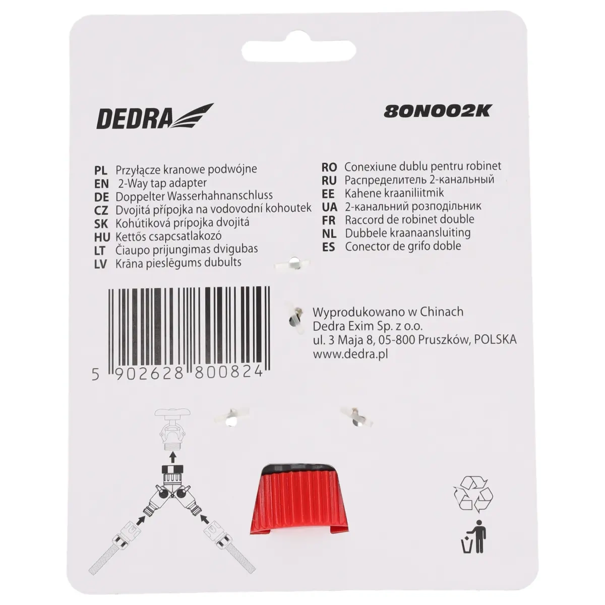 Dedra Dvojitá přípojka na vodovodní kohoutek 3/4"-1" 80N002K s uzávěry, ABS a PP plast, blistr