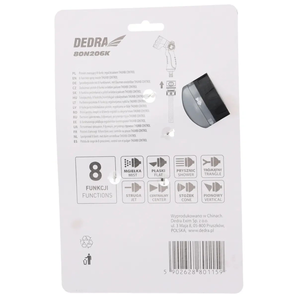 Dedra zavlažovací pistole 8-funkcí 80N206K 1/2" THUMB CONTROL, ovládání palcem