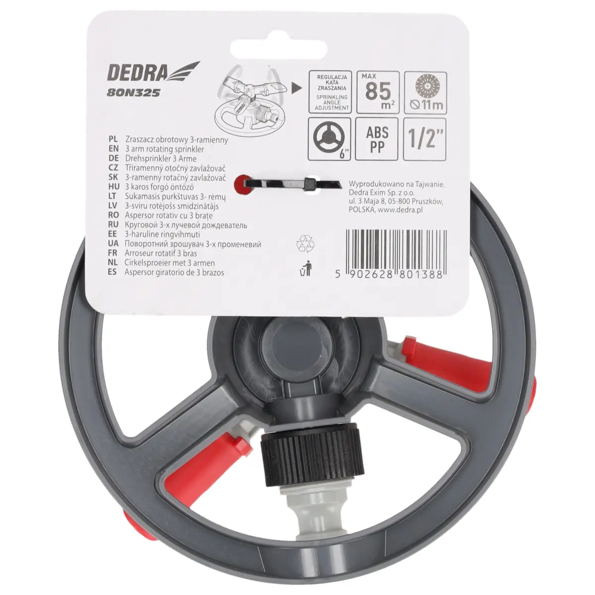 Dedra Tří-ramenný otočný zavlažovač 1/2" 80N325 + základna, do 85 m2, ABS+PP plast Taiwan