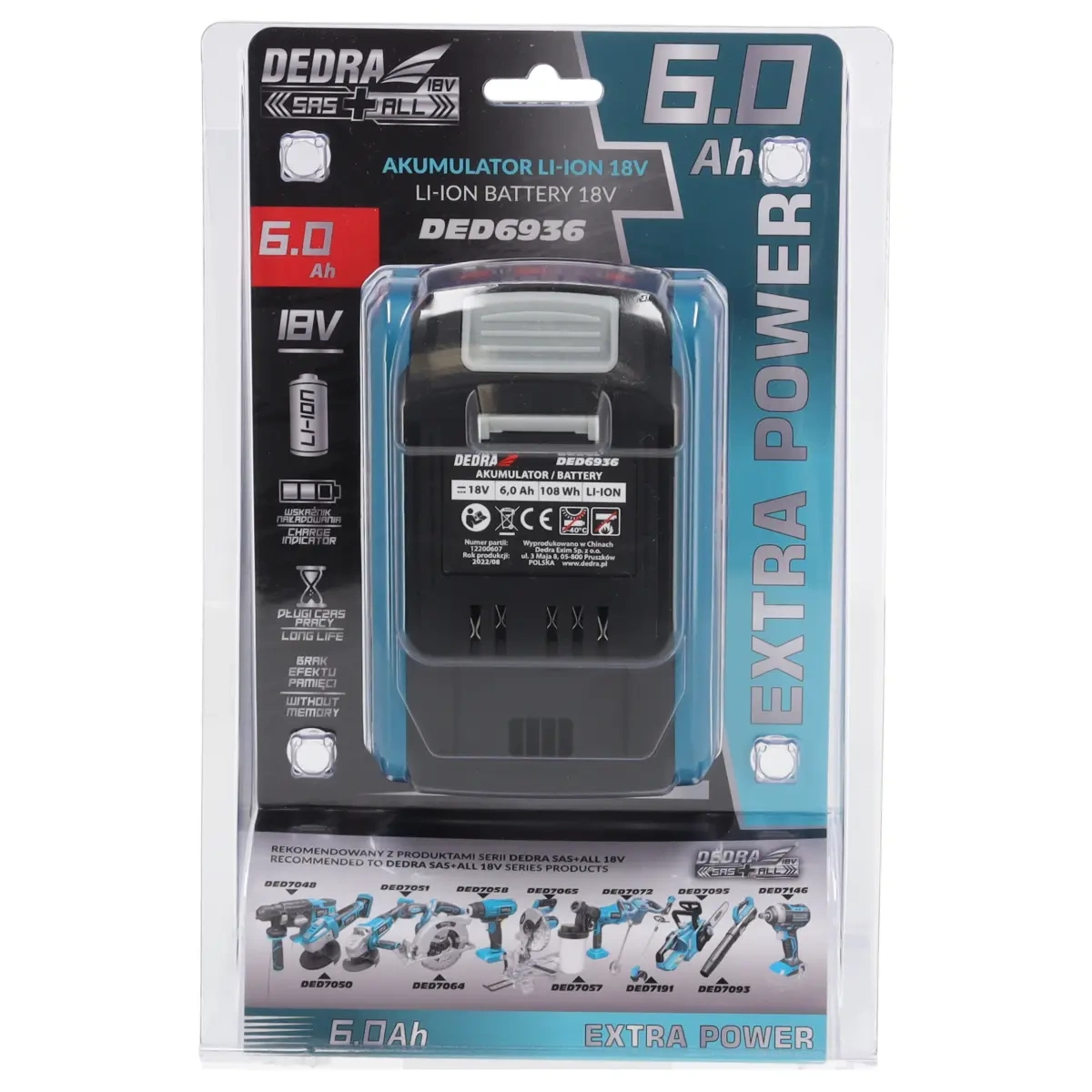 Dedra DED6936 Akumulátor 6,0 Ah 18V Li-Ion SAS+ALL baterie, 108 Wh