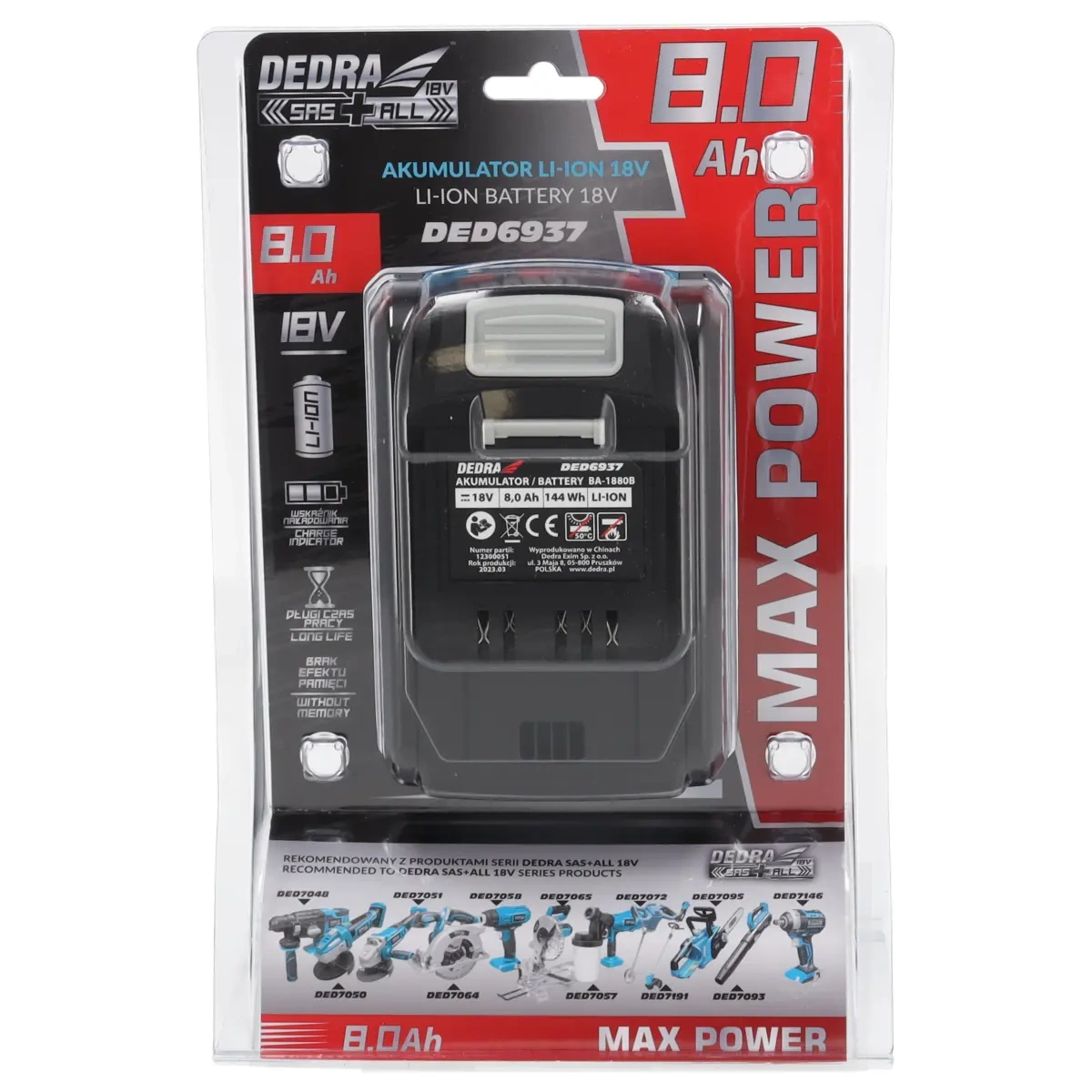 Dedra DED6937 Akumulátor 8,0 Ah 18V Li-Ion SAS+ALL baterie, 144 Wh