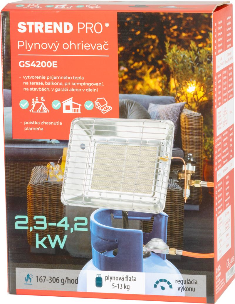 Strend Pro Ohřívač na plyn GS4200E, 4,2 kW, 119649 na PB láhev 5/10 Kg + regulátor, hadice