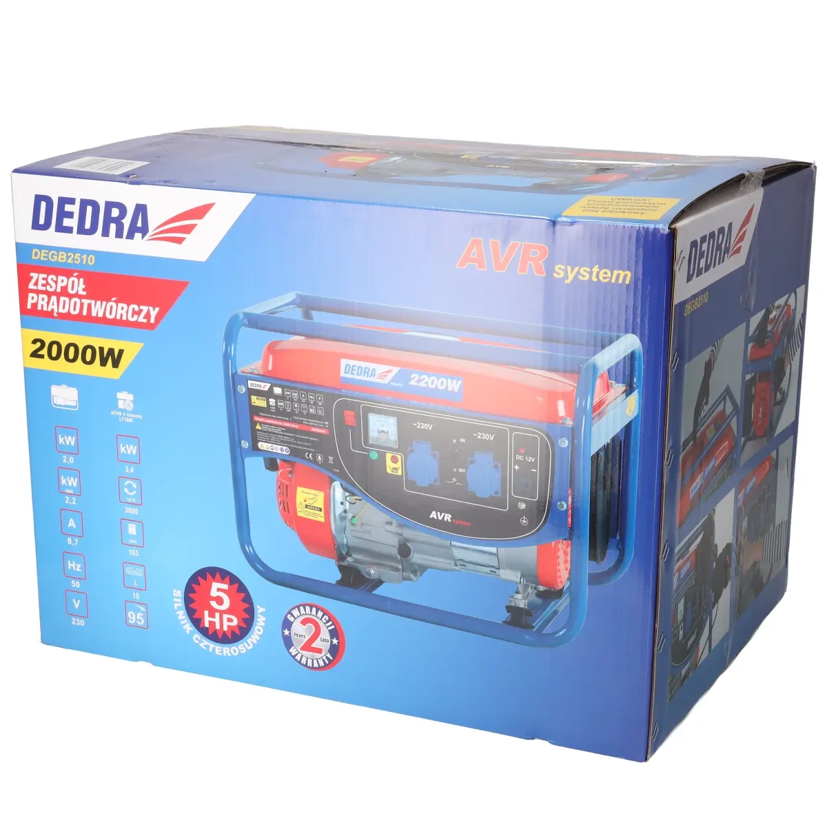 Dedra elektrocentrála 2,2/2KW, 230V/12V DEGB2510, AVR, benzínová, ruční start