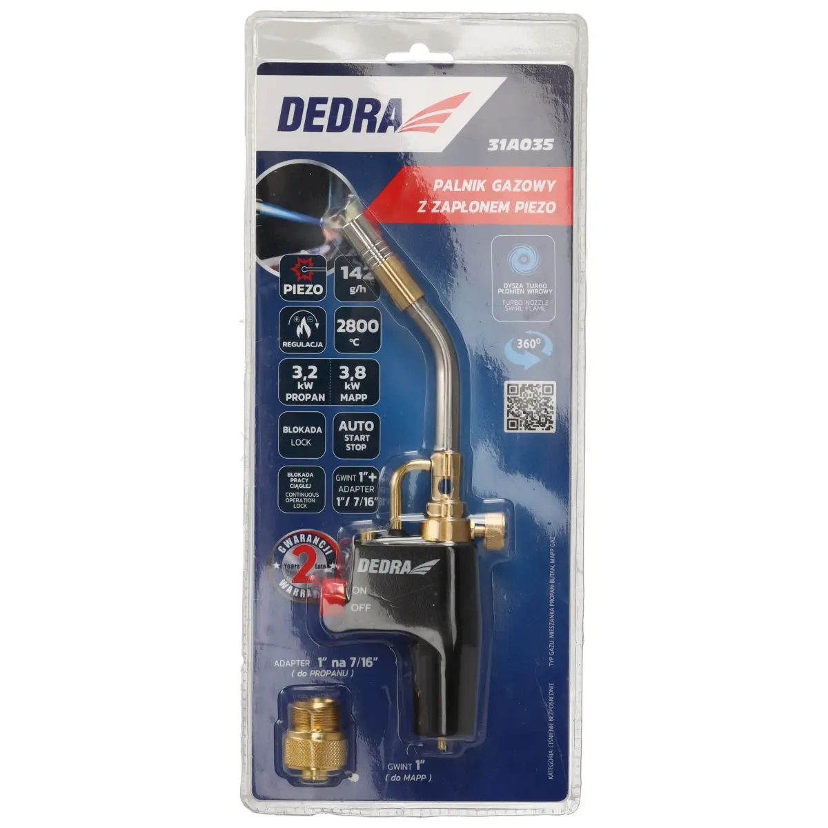 Dedra plynový hořák 3,8kW Turbo 31A035 piezo, na kartuše 7/16"+1" MAPP
