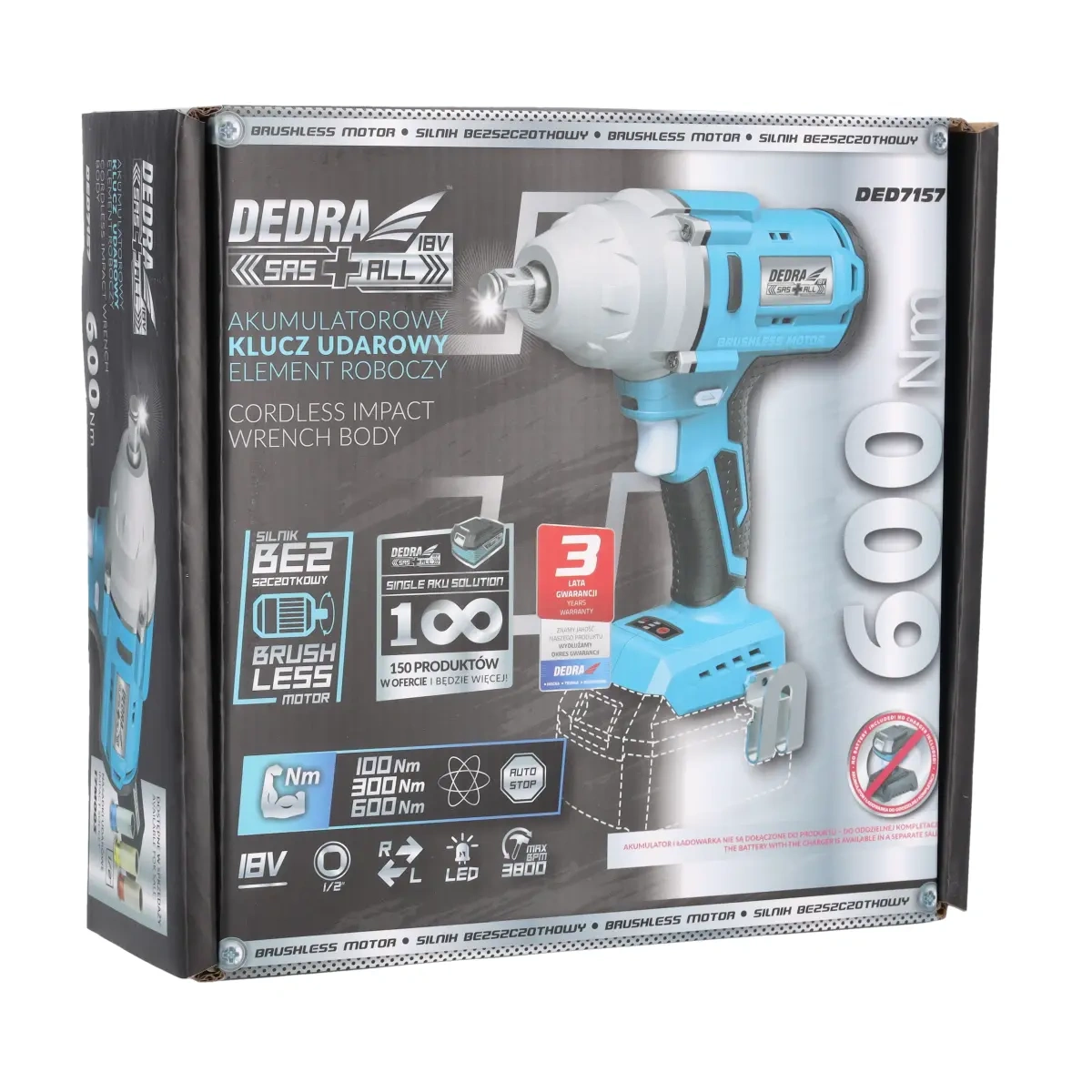 Dedra Aku rázový utahovák DED7157, SAS+ALL 18V, 600 Nm, bezuhlíkový, 1/2"