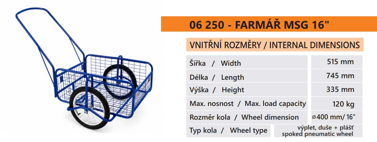 Massag dvoukolák velký VELO 16" Farmář MSG 16 LM do 120 kg, 52x75x34cm, kárka, ruční vozík 06-250